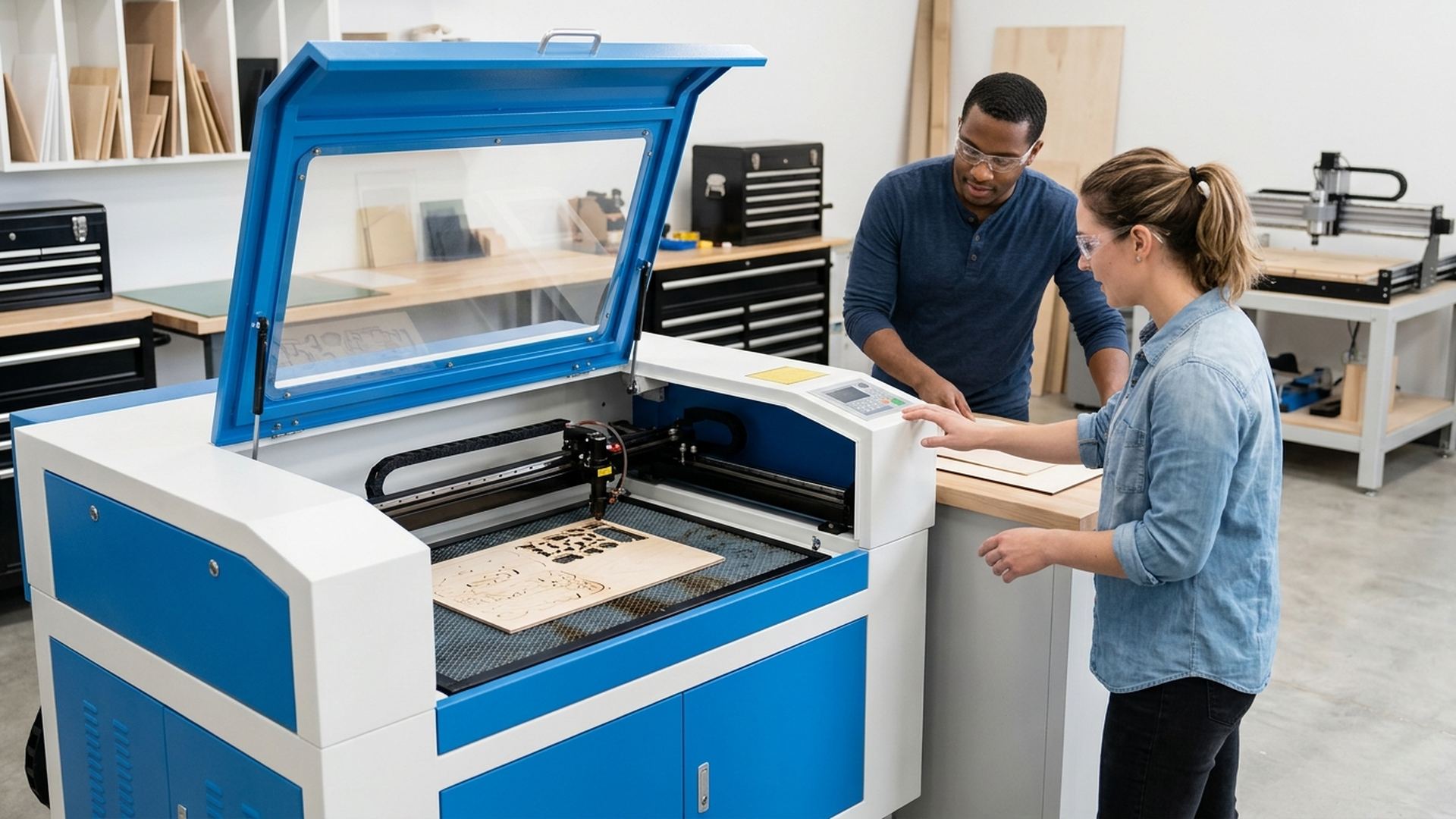 Customers using a DIY laser cutter rental at American Laser Cutter
