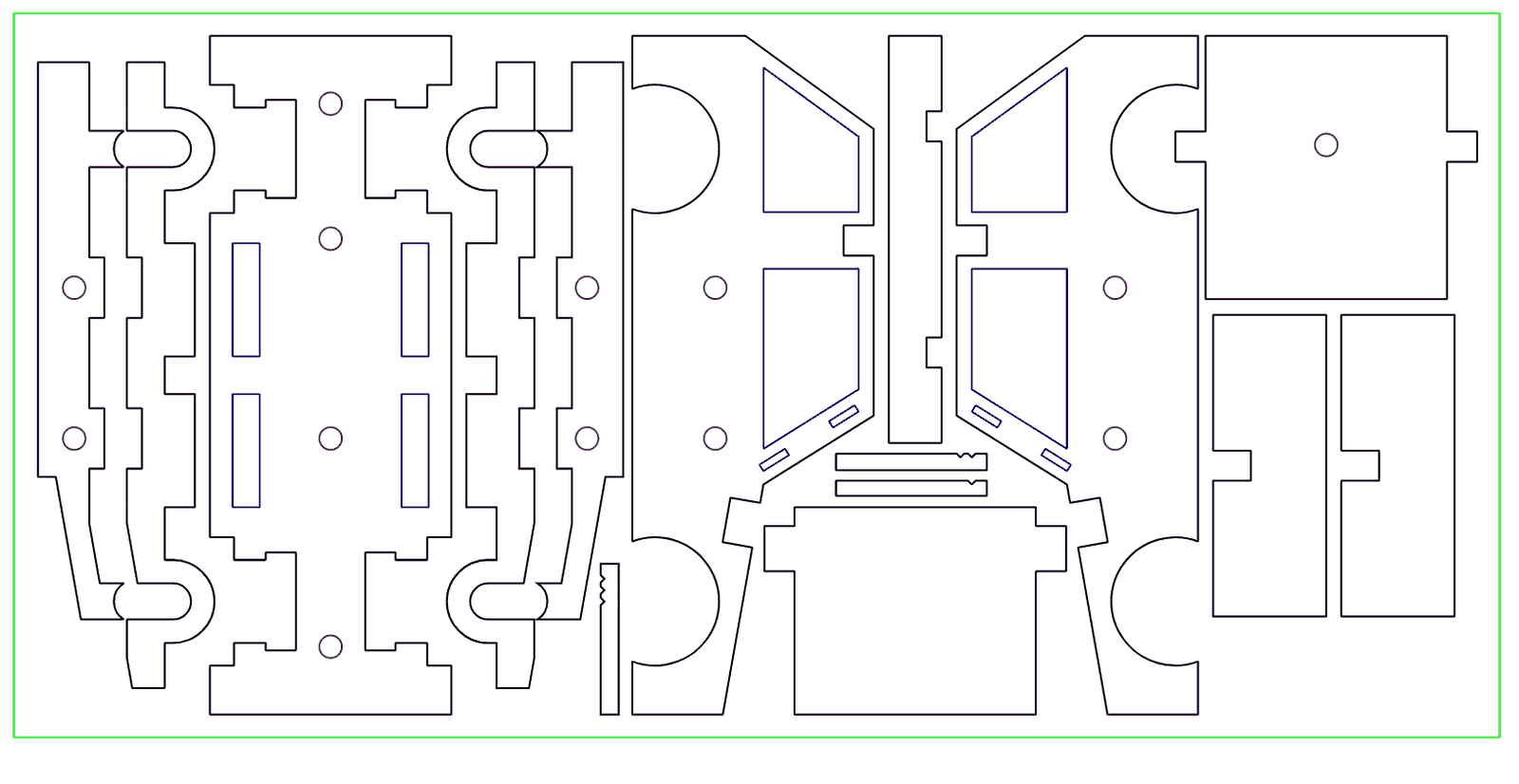 Example of a correctly-prepared laser cutting file. Black lines are cuts, blue shapes are engraves, red dots are pilot holes, the green border is the material edge.