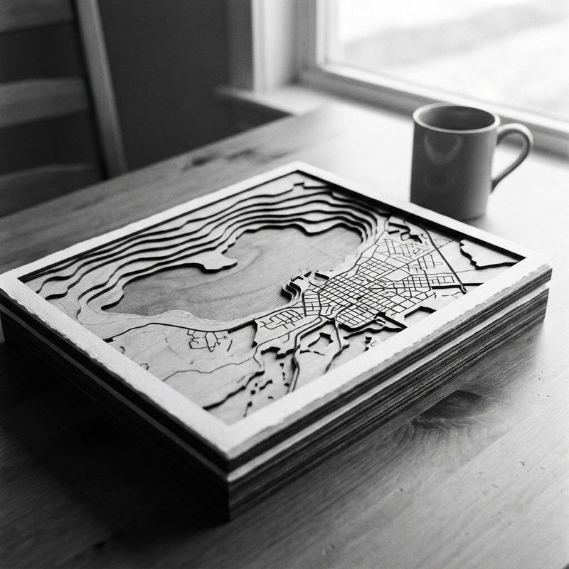 Laser-cut layered topographic map by American Laser Cutter