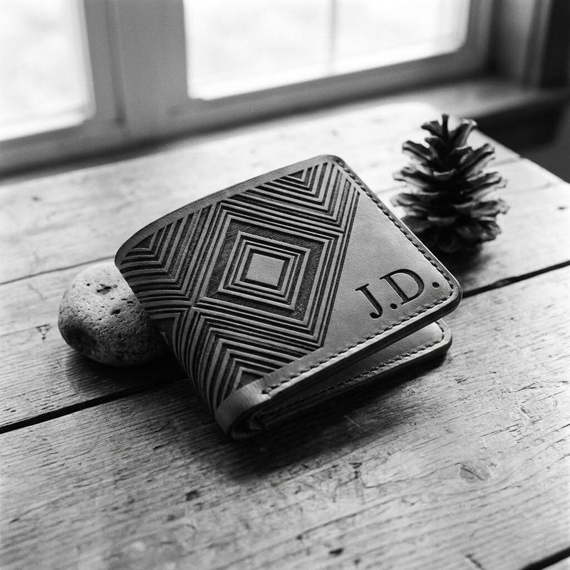 Laser-cut and engraved leather wallet by American Laser Cutter